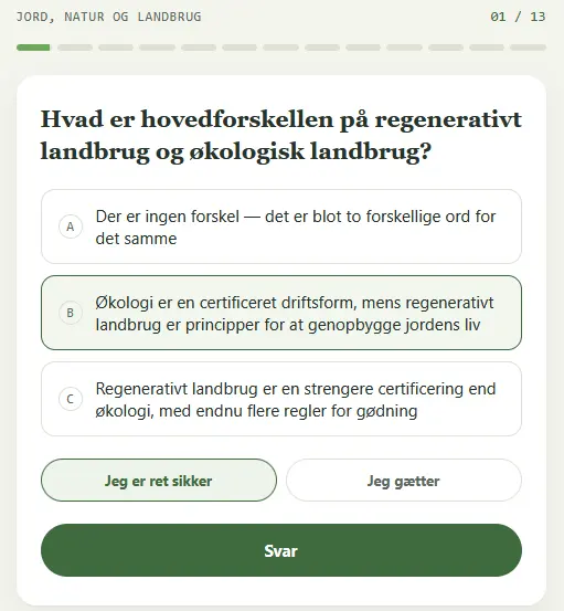 Eksempel på et Quizzz-spørgsmål med tre svarmuligheder og valget mellem sikker og gæt
